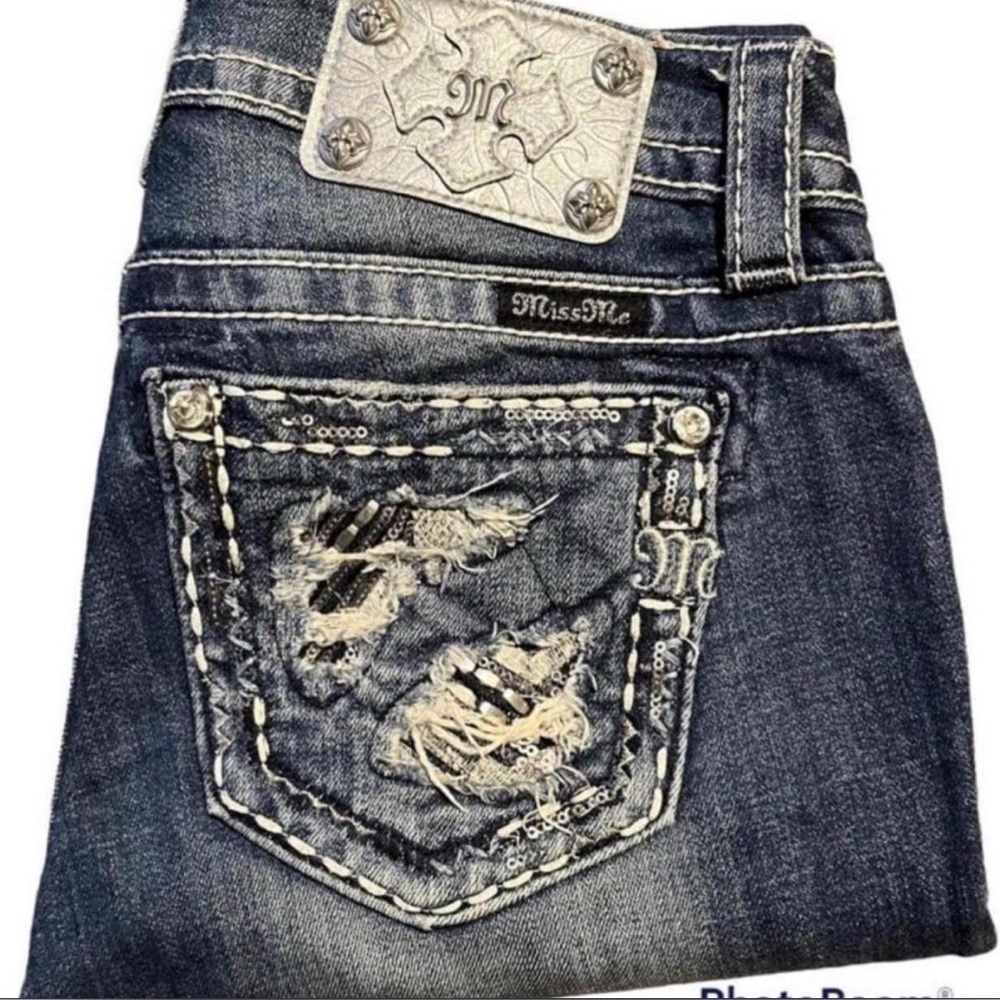 Miss Me Dark Blue Distressed Boot Cut Jeans  Size 24/31 Worn Once